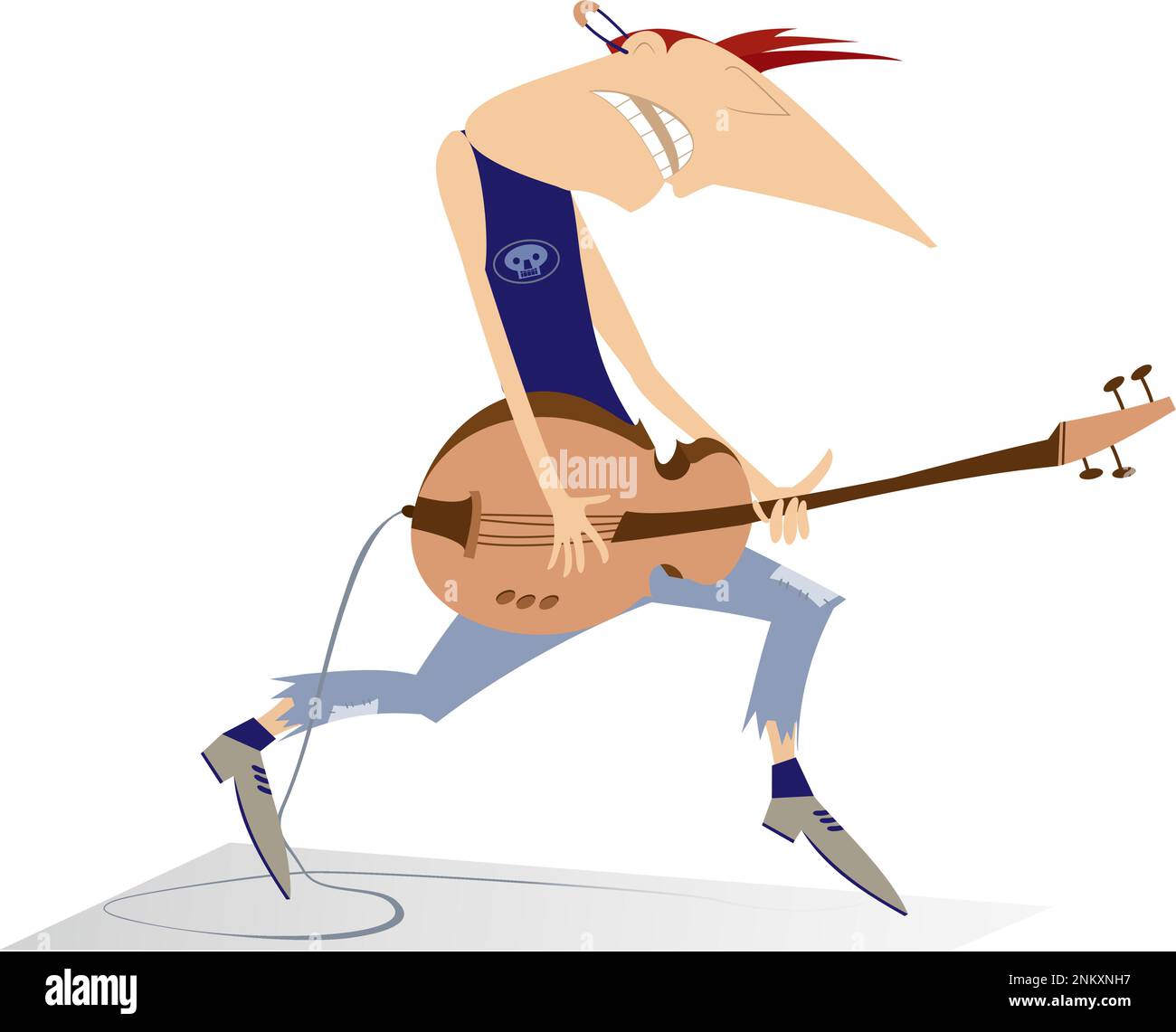 Chitarrista di cartoni animati. Divertente chitarrista con chitarra elettrica isolata su illustrazione bianca Illustrazione Vettoriale