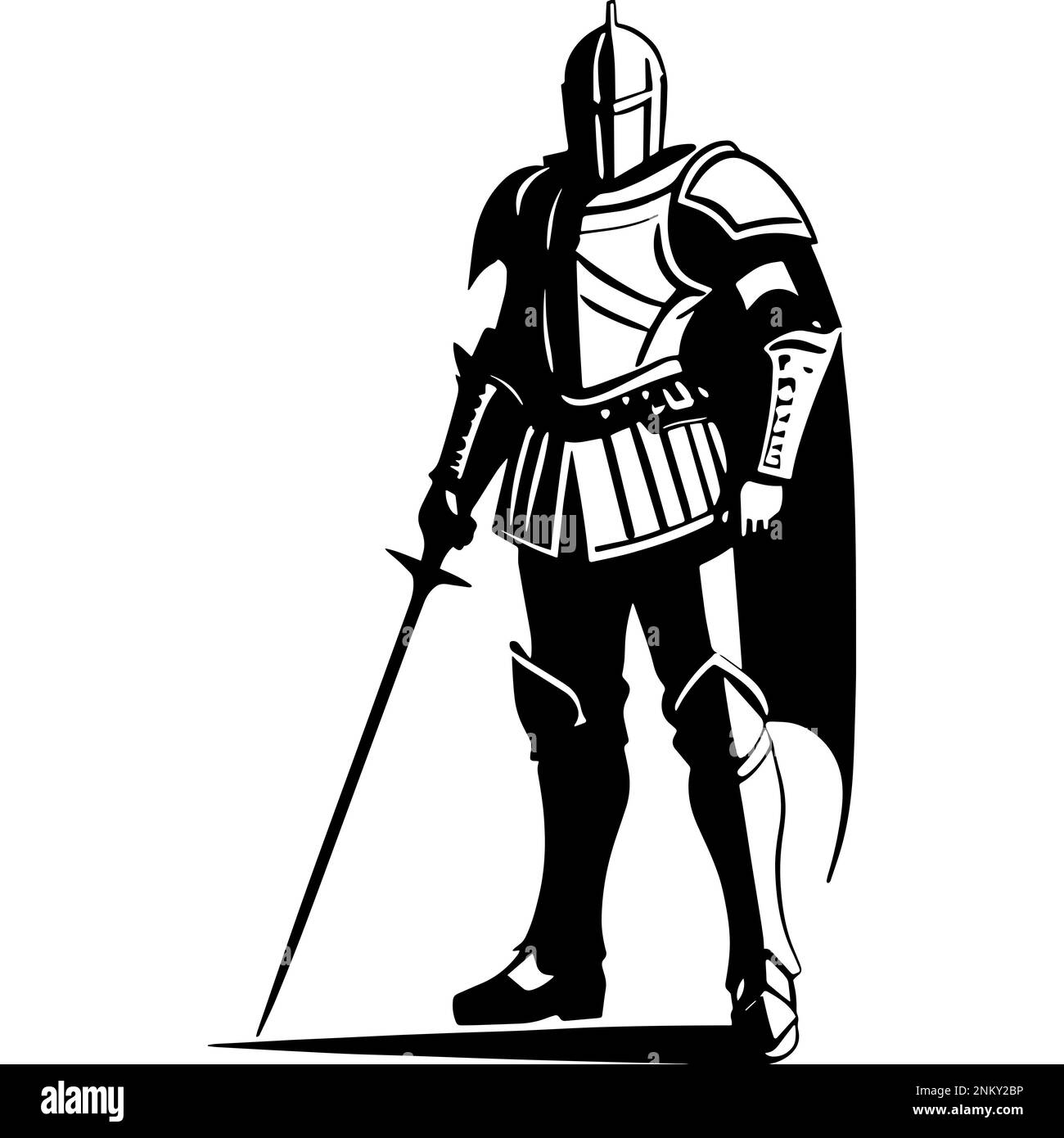 Un'illustrazione monocromatica di un Guerriero in armatura mostra un disegno molto dettagliato di un cavaliere medievale Foto Stock