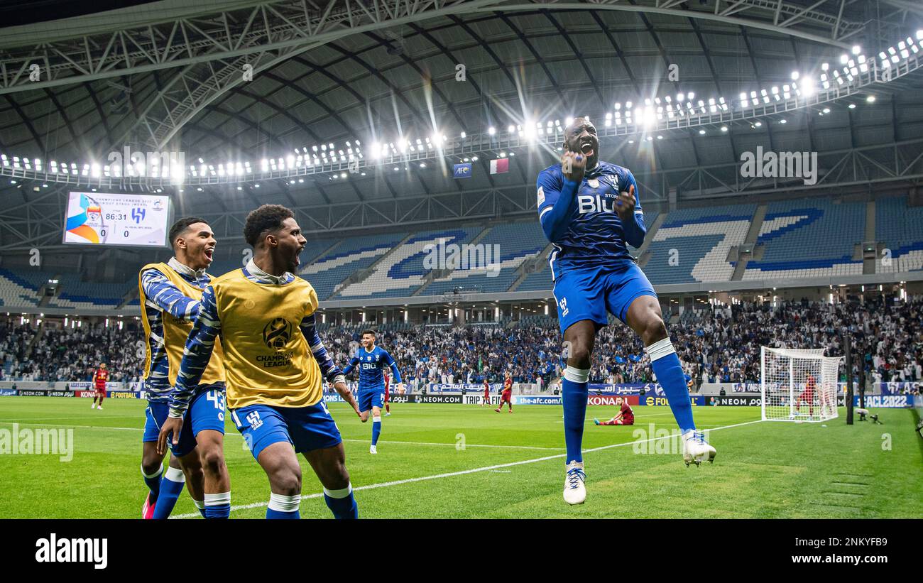 Al Wakrah, Qatar. 23 febbraio 2023, Moussa Marega di al-Hilal SFC festeggia dopo aver segnato un gol di vittoria di 87th minuti contro il Foolad Khuzestan FC (IRN) durante la loro partita di quarti di finale di AFC Champions League 2022 al Janoub Stadium il 23 febbraio 2023 ad al Wakrah, Qatar. Foto di Victor Fraile / Power Sport immagini Foto Stock