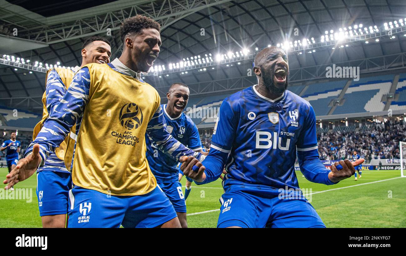 Al Wakrah, Qatar. 23 febbraio 2023, Moussa Marega di al-Hilal SFC festeggia dopo aver segnato un gol di vittoria di 87th minuti contro il Foolad Khuzestan FC (IRN) durante la loro partita di quarti di finale di AFC Champions League 2022 al Janoub Stadium il 23 febbraio 2023 ad al Wakrah, Qatar. Foto di Victor Fraile / Power Sport immagini Foto Stock