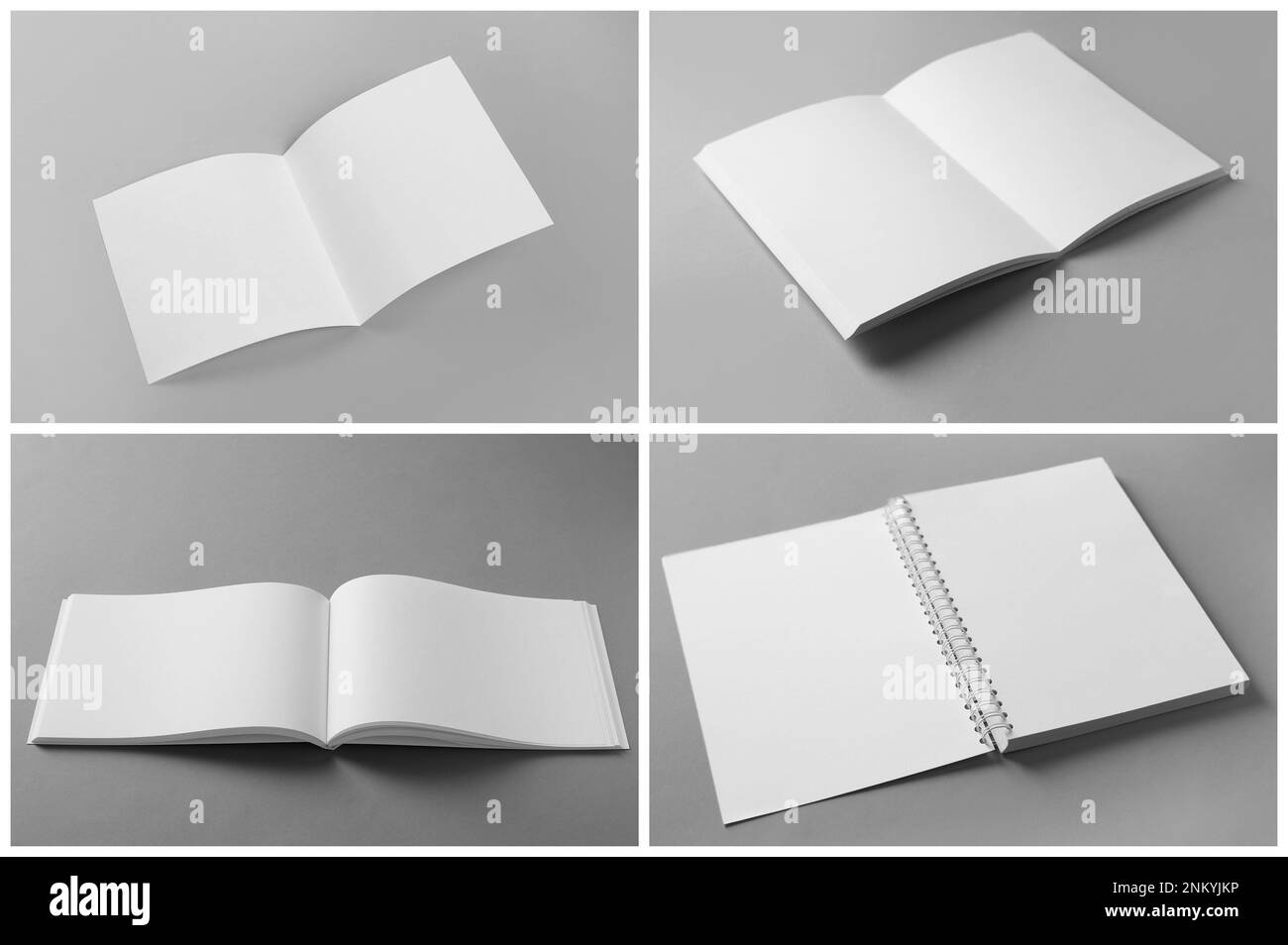 Aprire brochure vuote su sfondo grigio, collage Foto Stock