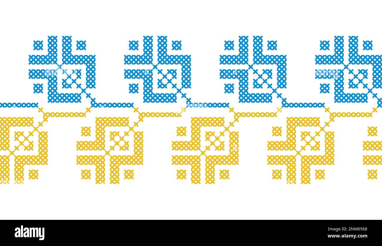 Vettore ucraino ornamento senza giunture, bordo, modello. Tradizione popolare, ornamento etnico. Decorazione nei colori giallo e blu bandiera Ucraina. Pixel art Illustrazione Vettoriale