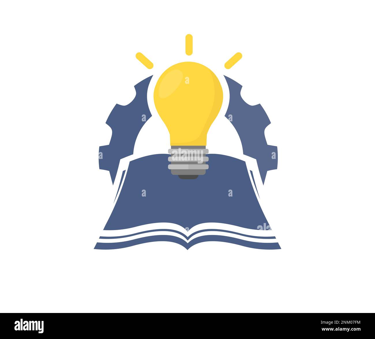 Lampadina luminosa brillante su un libro, ispirata dal design del logo del libro letto. Lampadina Gear idea. Concetto di idea di business e di istruzione. Istruzione, conoscenza. Illustrazione Vettoriale