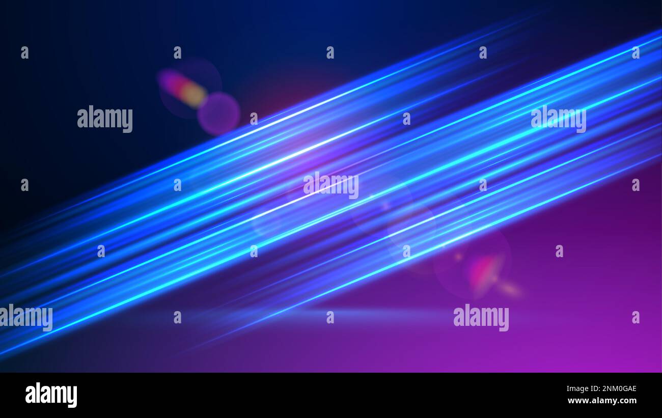 Linee blu incandescenti per la velocità del movimento veloce. Percorsi di luce colorati con effetto movimento. Illustrazione vettoriale dell'effetto luminoso ad alta velocità su sfondo nero. Illustrazione Vettoriale