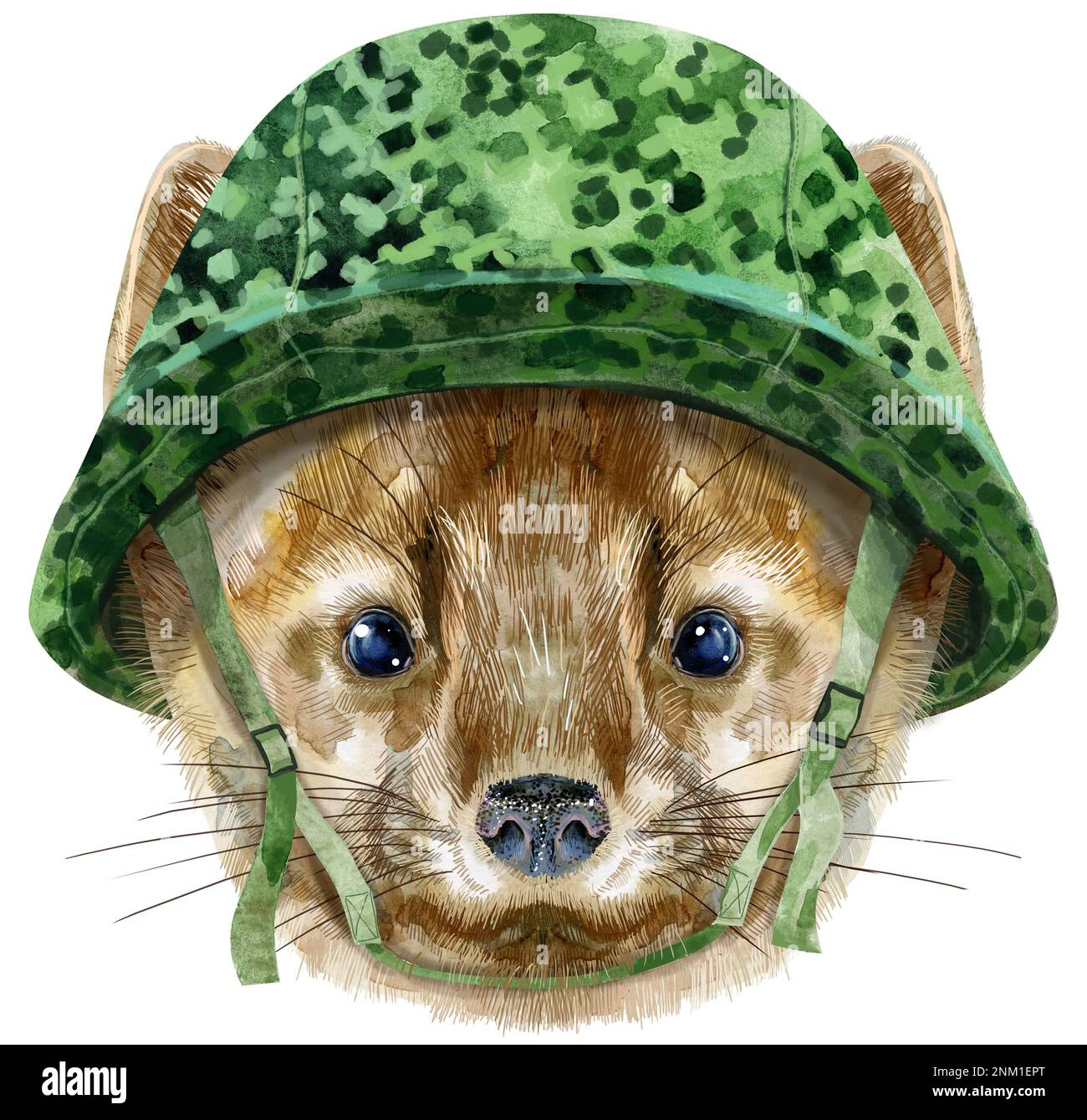 Piccolo, divertente, marrone in casco tattico militare, immagine isolata, acquerello illustrazione Foto Stock