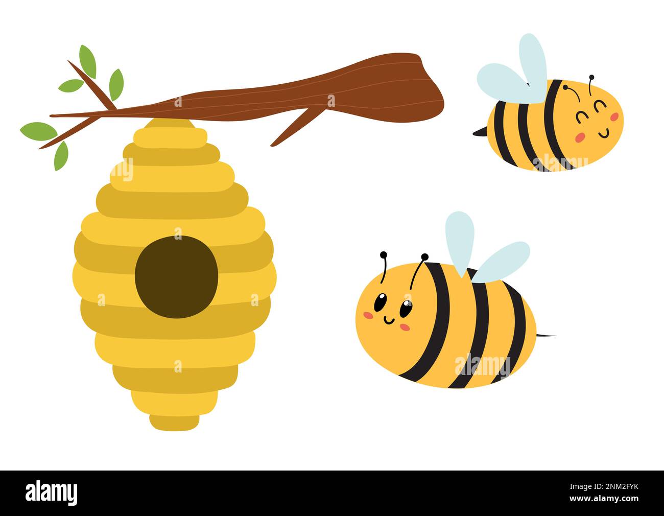 Carino miele api personaggi e alveare appeso all'albero Illustrazione Vettoriale