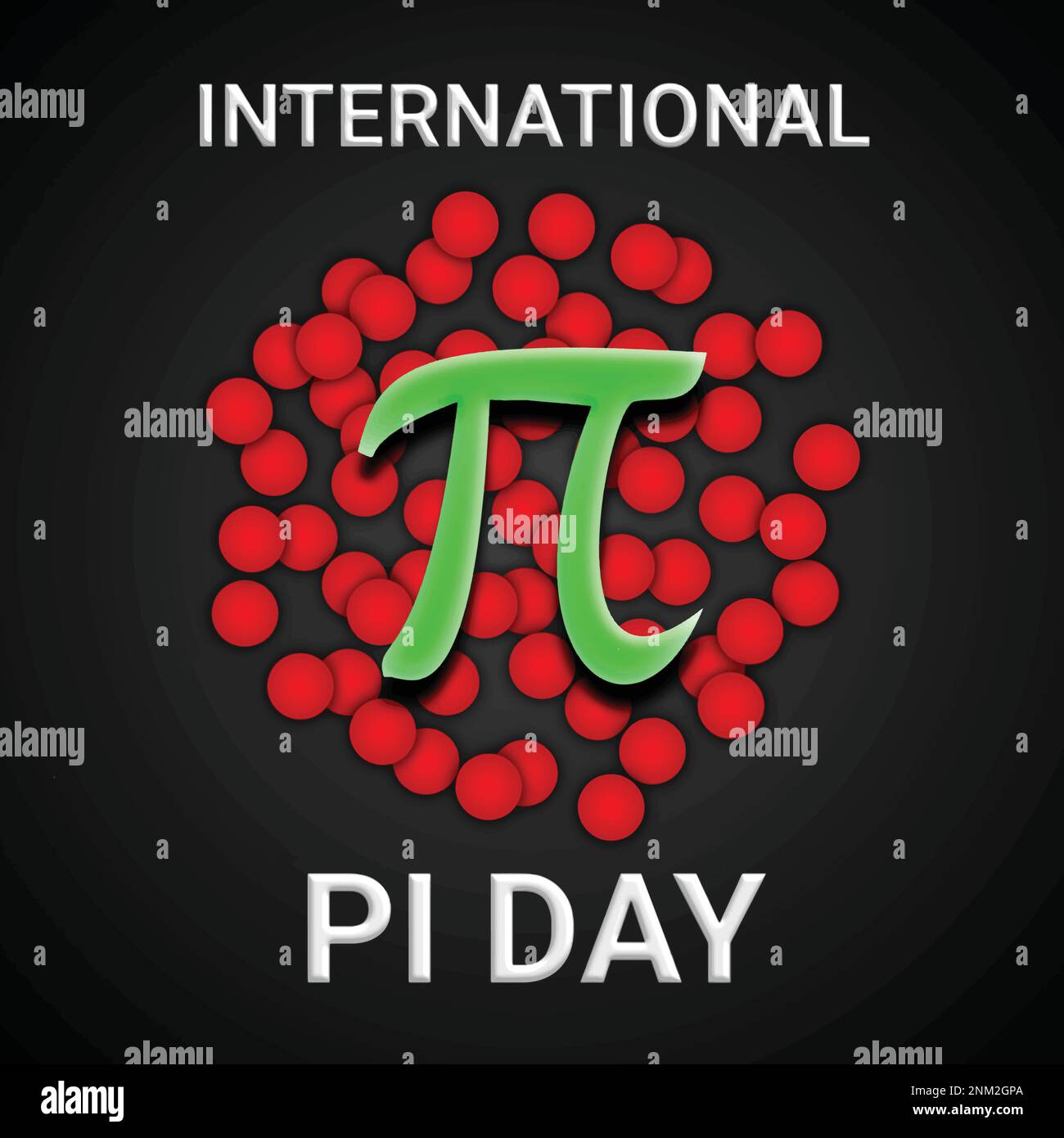 International Pi Day con simbolo Pi e palline rosse su sfondo nero brillante. Concetto di vacanza. Modello per sfondo, banner, scheda, Illustrazione Vettoriale