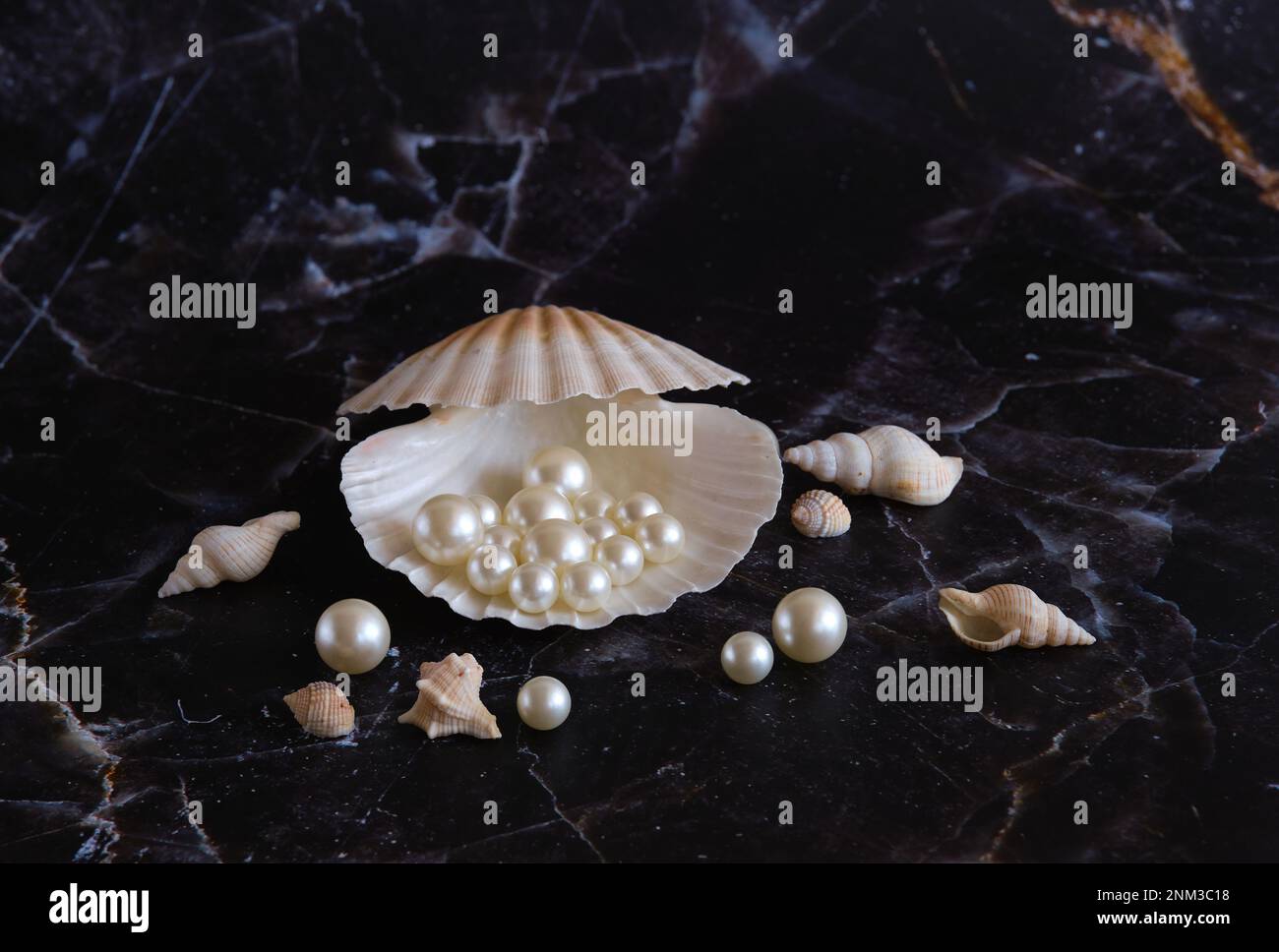 diverse perle bianche in una conchiglia su uno sfondo di marmo nero Foto Stock