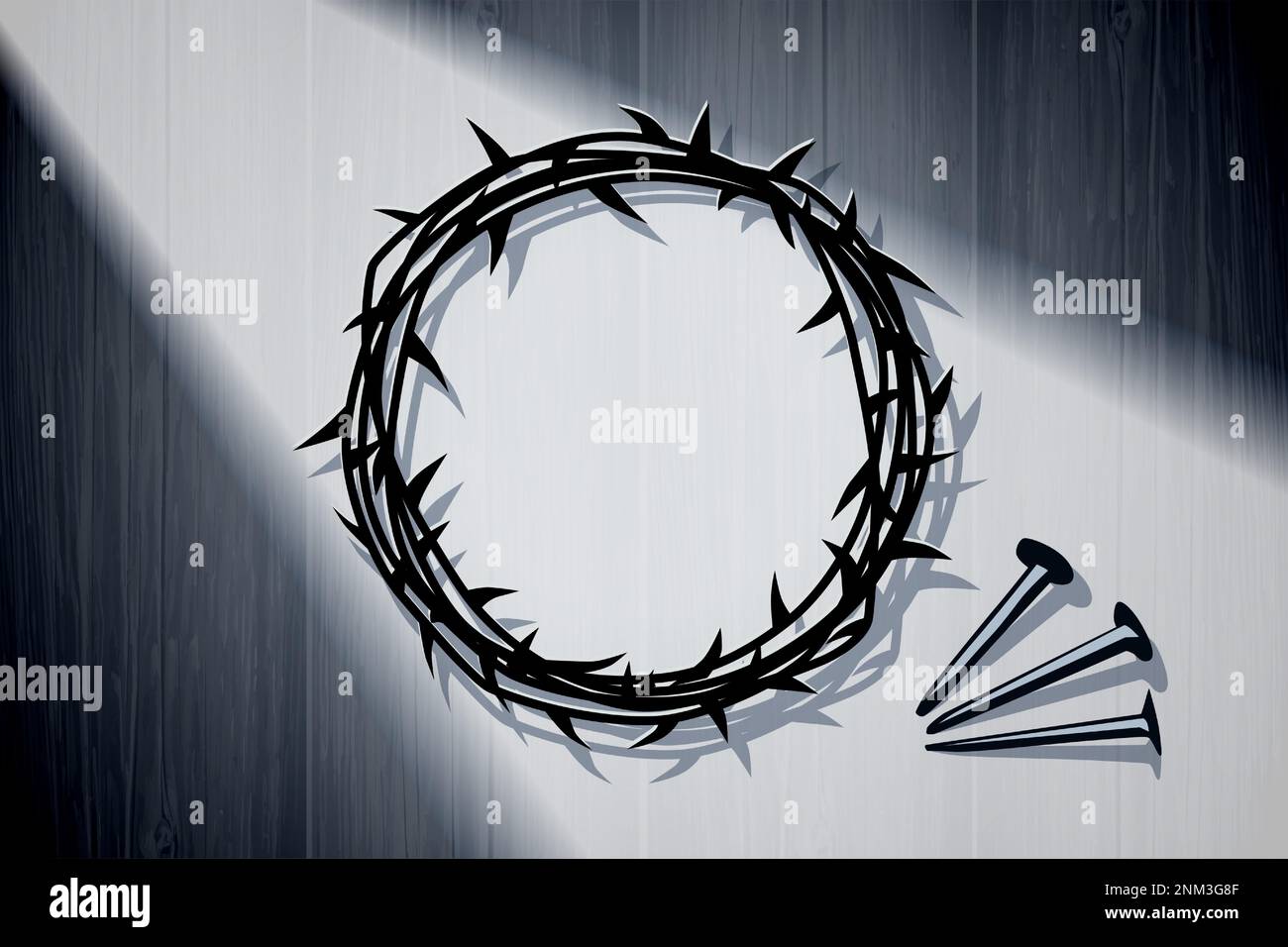 Corona di spine con chiodi su sfondo di legno per il Venerdì Santo. Concetto della domenica di Pasqua per banner web della chiesa o volantino dei servizi per le vacanze. Carta vettoriale Illustrazione Vettoriale