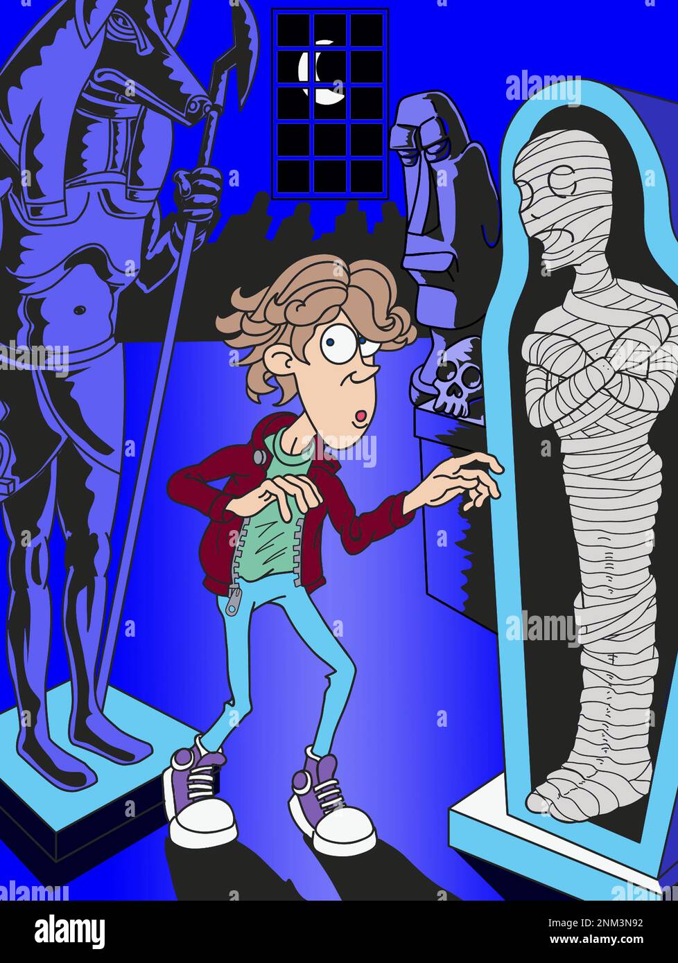 Cartoon d'arte del ragazzo in un museo creepy di notte circondato da mummia, statua egiziana (Anubis) e la testa dell'isola di Pasqua Halloween museo vacanze sleepver Foto Stock