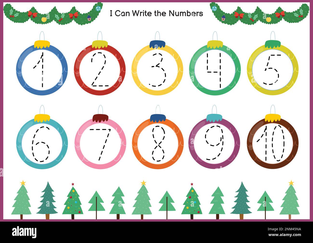 Numeri di Natale gioco di tracciamento per i bambini. Pagina dell'attività imparare a scrivere numeri Illustrazione Vettoriale
