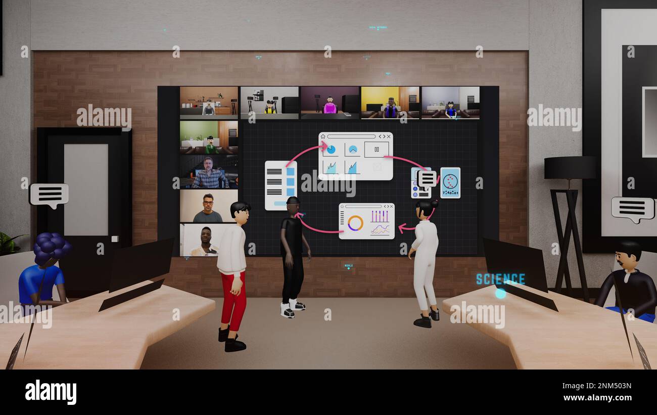 3D render della conferenza aziendale in ufficio virtuale futuristico. 3D avatar con icone parlano con le persone tramite video. Sviluppo di app mobile. Tecnologie del futuro nel business. Concetto di mondo metaverse e digitale. Foto Stock