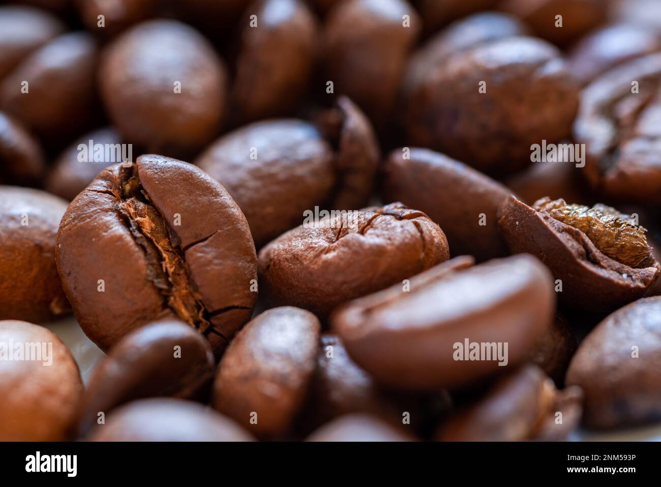 primo piano di un mucchio di chicchi di caffè distesi Foto Stock