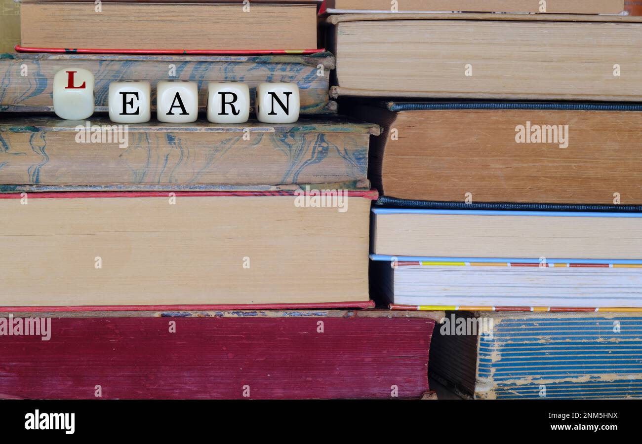 concetto di affari, istruzione e apprendimento porta il successo finanziario, libri e dices con il wordplay Foto Stock