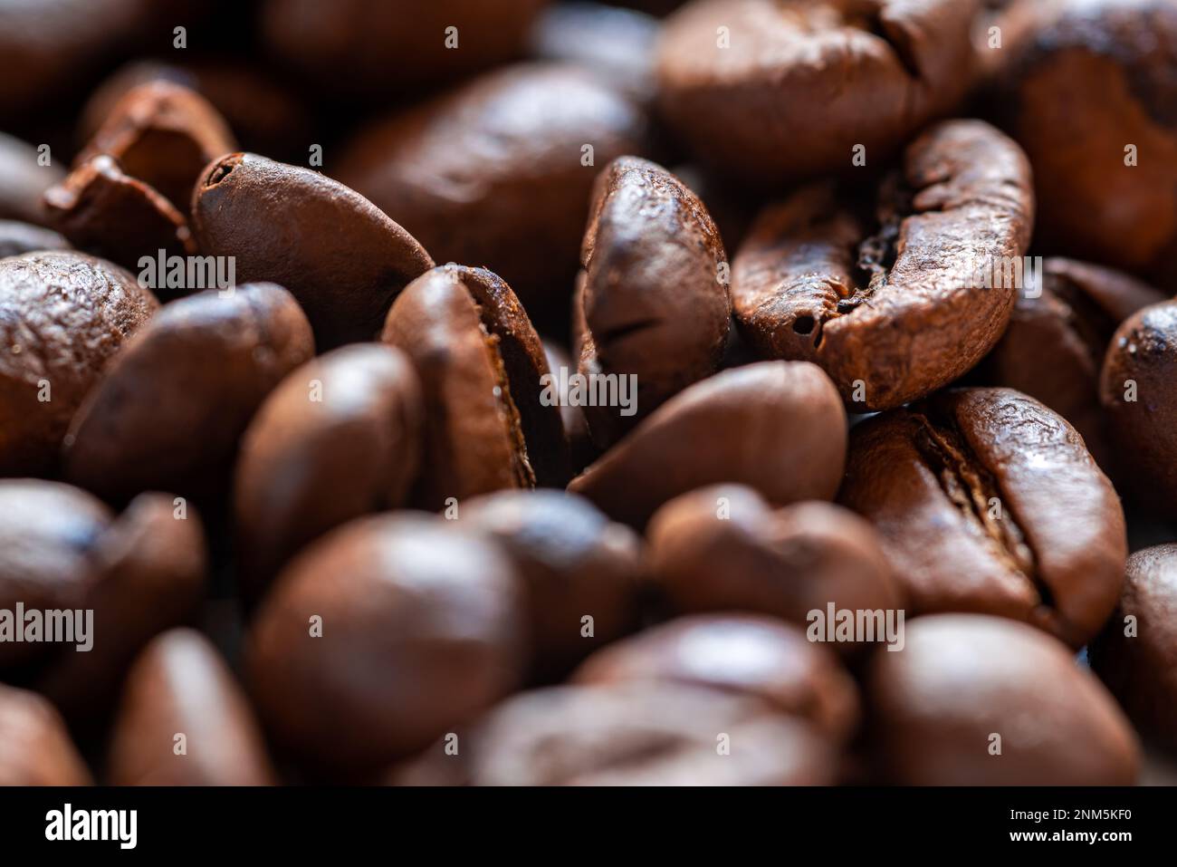primo piano di un mucchio di chicchi di caffè distesi Foto Stock