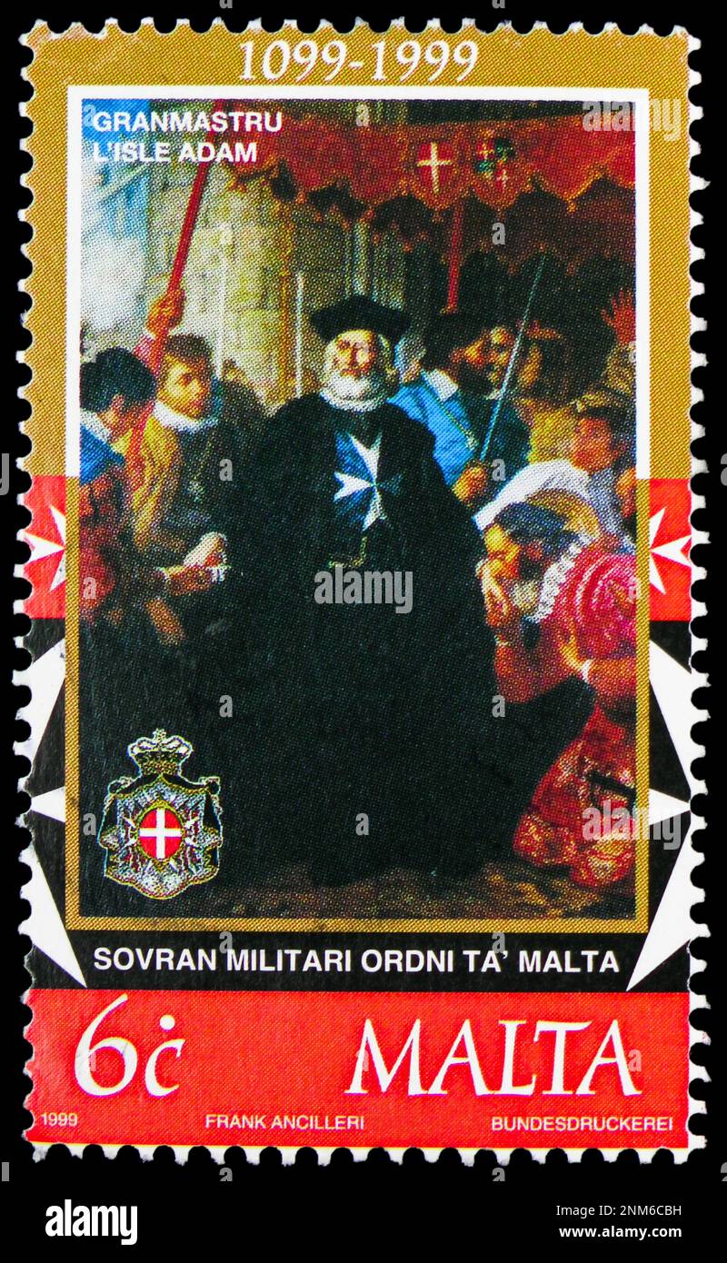 MOSCA, RUSSIA - 15 FEBBRAIO 2023: Francobollo stampato a Malta mostra il Gran Maestro de l'Isle Adam (Pittura), 900th° anniversario del Sovrano mi Foto Stock