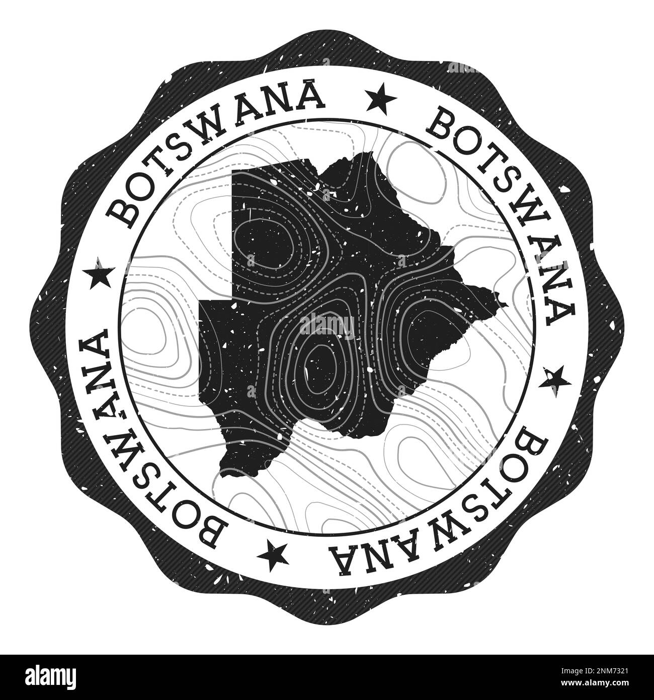 Francobollo per esterni del Botswana. Adesivo rotondo con mappa del paese con isoline topografiche. Illustrazione vettoriale. Illustrazione Vettoriale