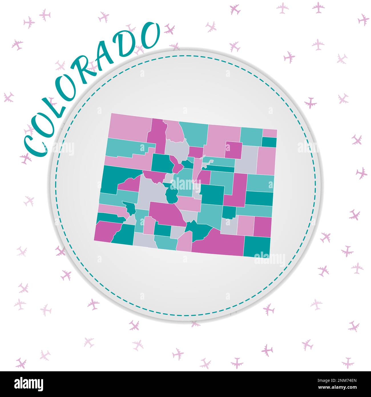 Disegno della mappa del Colorado. Mappa dello stato degli Stati Uniti con regioni nella tavolozza dei colori smeraldo-ametista. Illustrazione Vettoriale