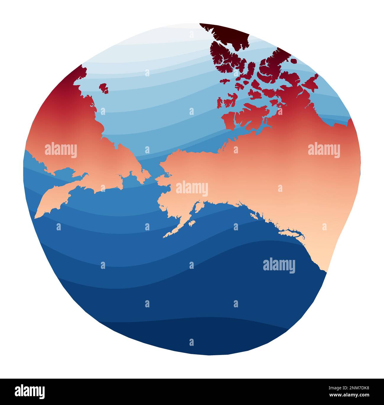 Vettore mappa mondiale. Proiezione stereografica modificata per Alaska. Mondo in gradiente rosso arancio sulle onde blu profonde dell'oceano. Illustrazione vettoriale brillante. Illustrazione Vettoriale