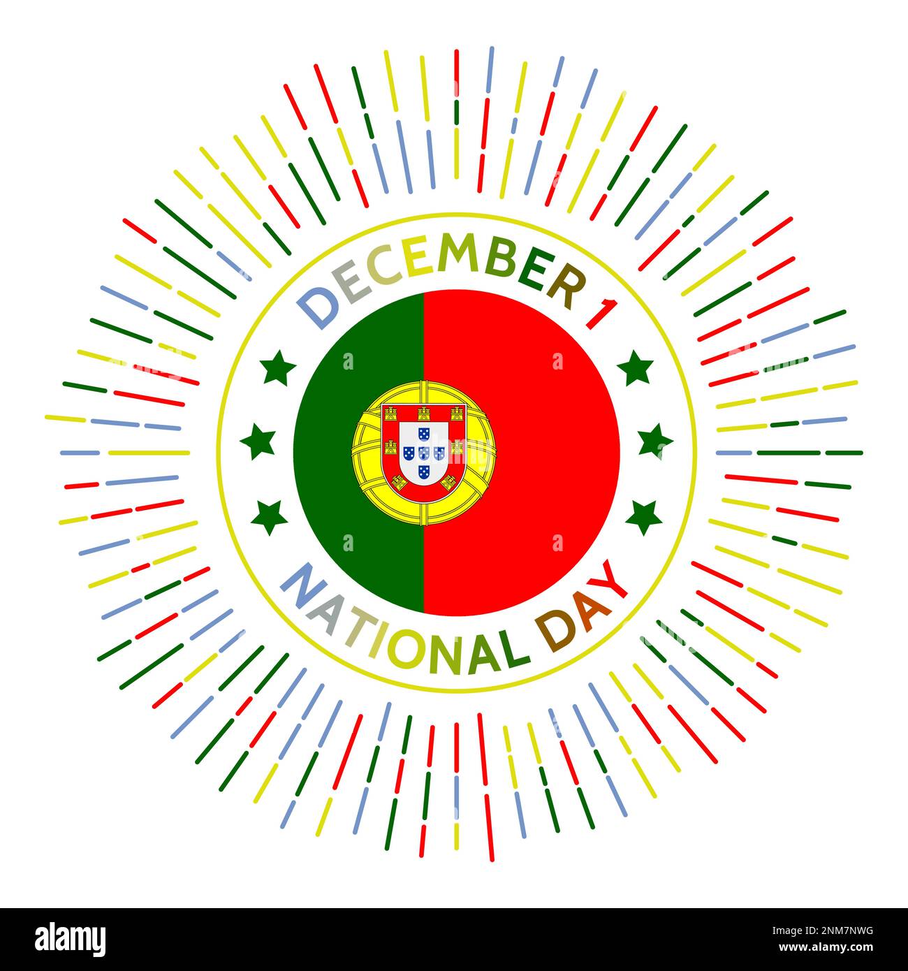 Badge nazionale portoghese per la giornata. Data del ripristino della piena autonomia portoghese dall'Unione Iberica con la Spagna. Celebrato il 1 dicembre. Illustrazione Vettoriale