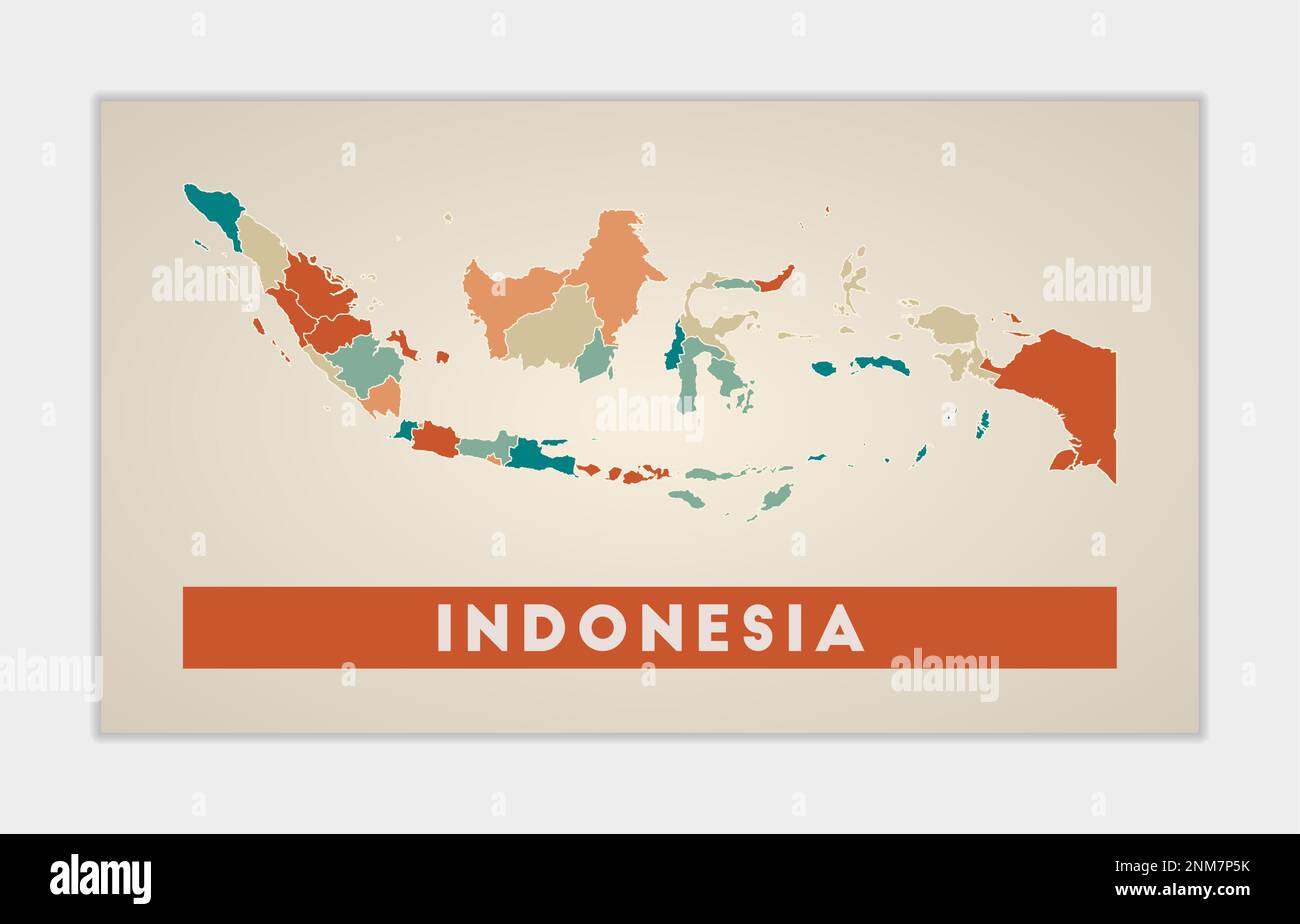 Poster Indonesia. Mappa del paese con regioni colorate. Forma dell'Indonesia con nome del paese. Illustrazione vettoriale di classe. Illustrazione Vettoriale