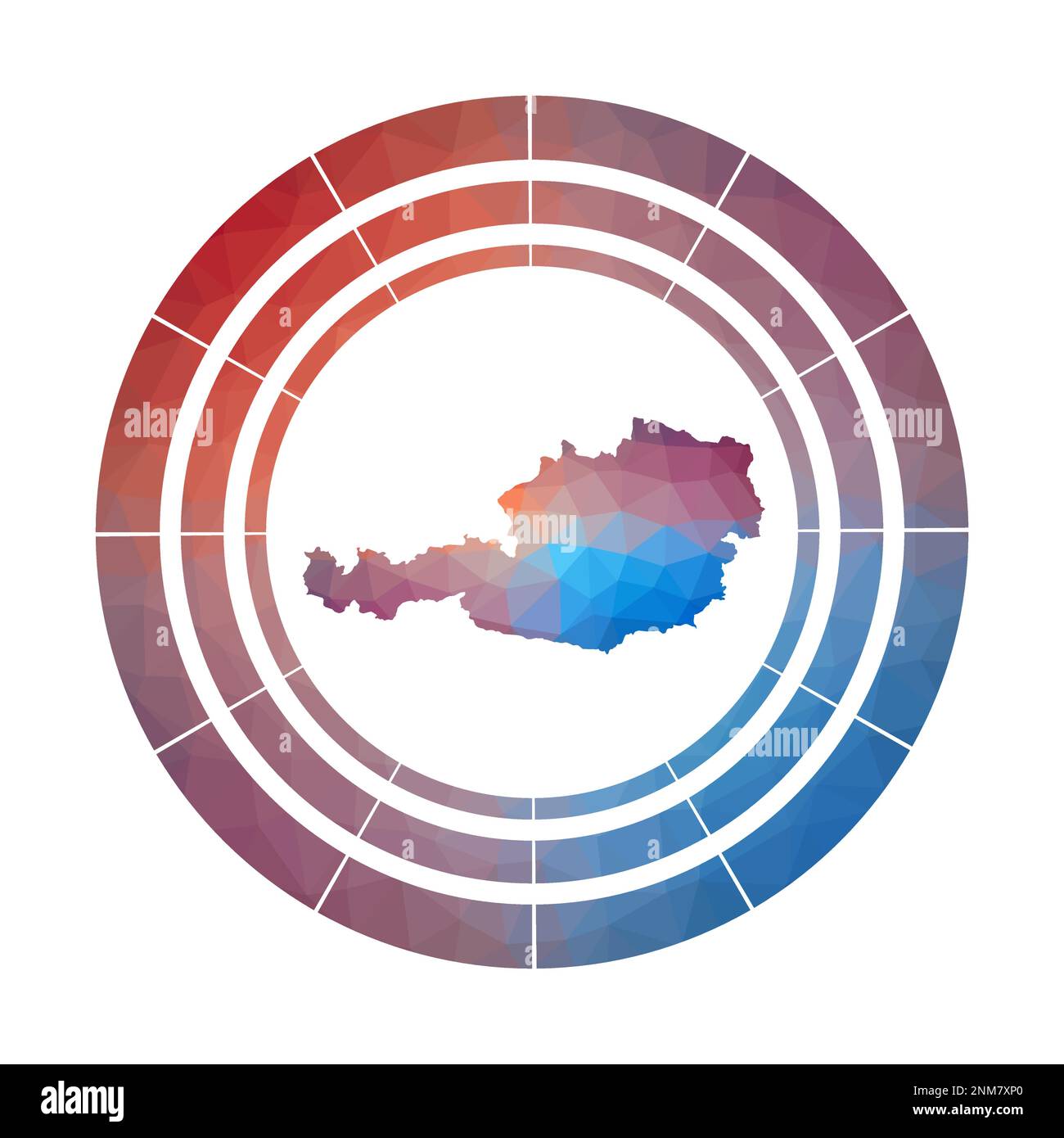 Badge Austria. Logo a sfumatura luminosa del paese in stile poly basso. Segno rotondo multicolore dell'Austria con mappa in stile geometrico per le vostre infografiche. Illustrazione Vettoriale