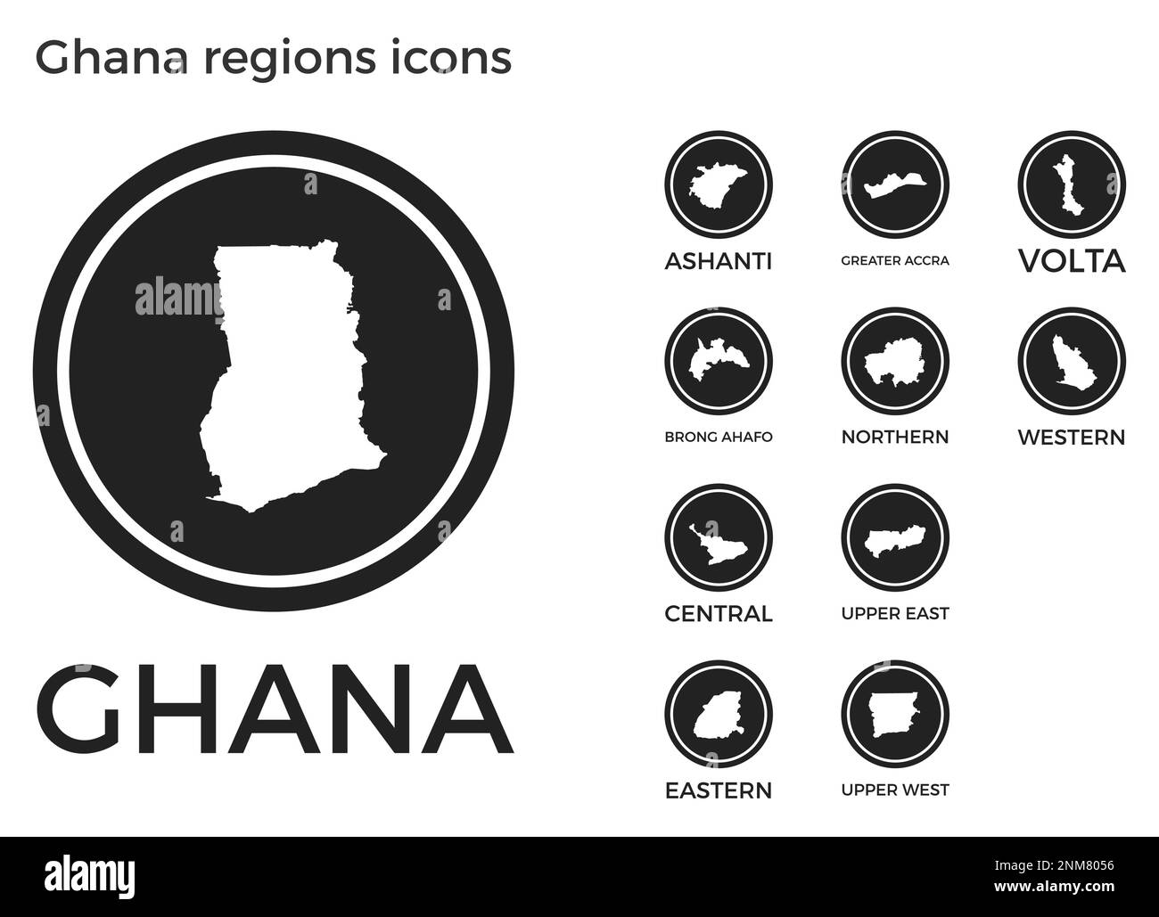 Icone delle regioni del Ghana. Logo tondi neri con mappe e titoli delle regioni dei paesi. Illustrazione vettoriale. Illustrazione Vettoriale