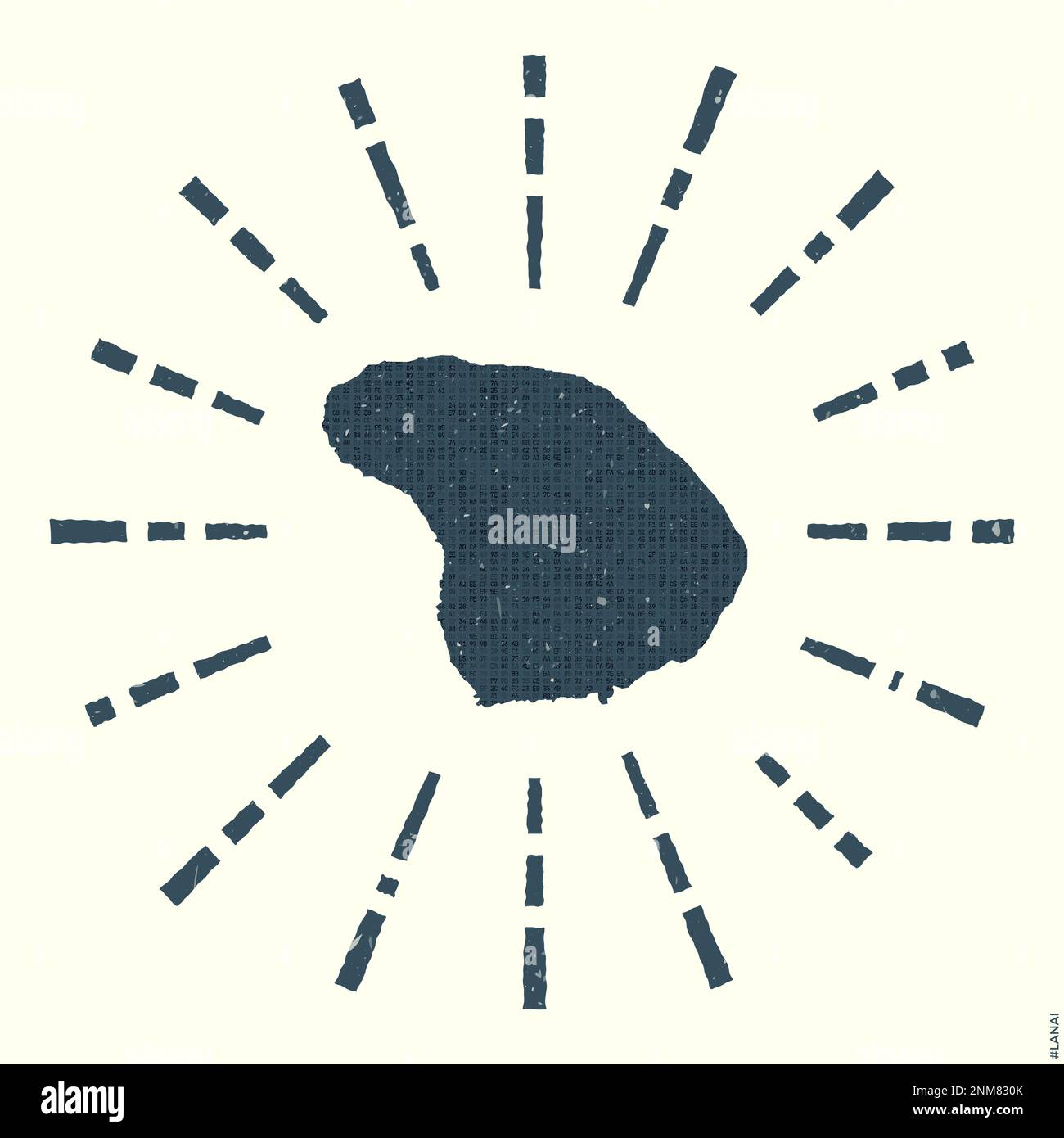 Logo lanai. Poster grunge Sunburst con mappa dell'isola. Forma di Lanai riempita con cifre esadecimali con raggi solari intorno. Illustrazione Vettoriale