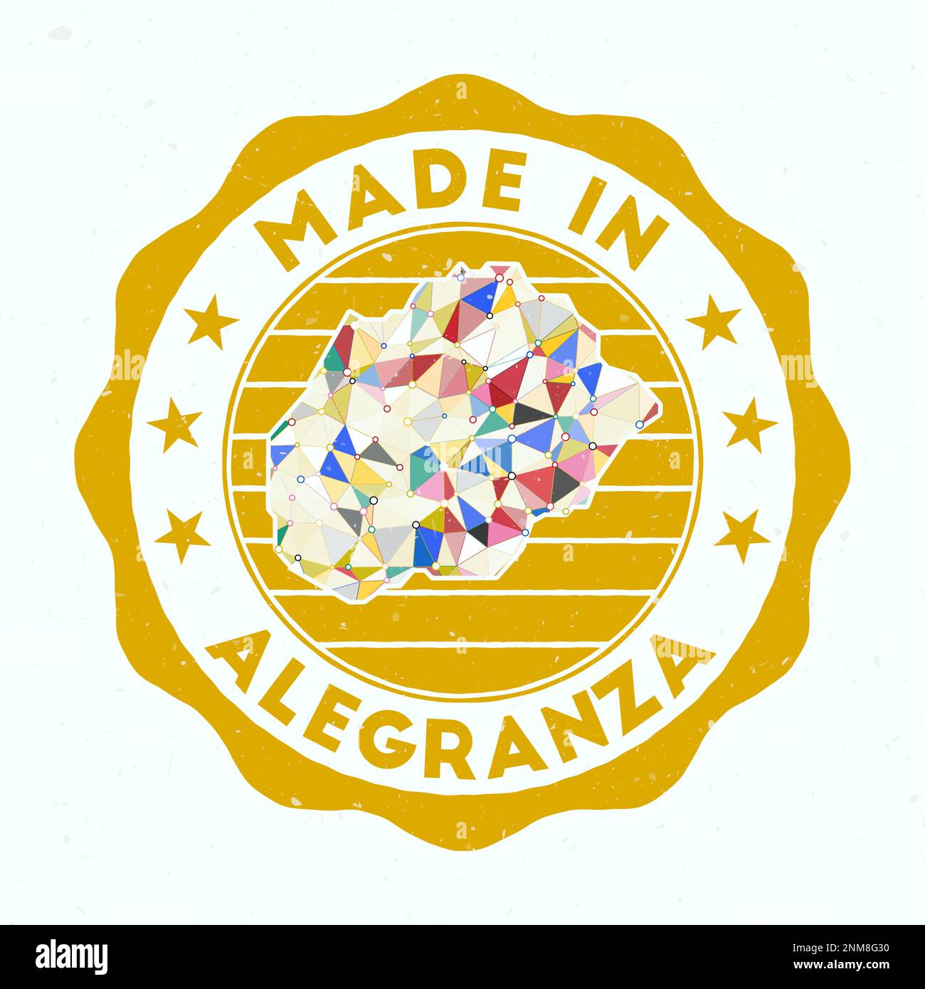 Prodotto ad Alegranza. Francobollo rotondo dell'isola. Sigillo di Alegranza a forma di bordo. Badge vintage con testo circolare e stelle. Illustrazione vettoriale. Illustrazione Vettoriale