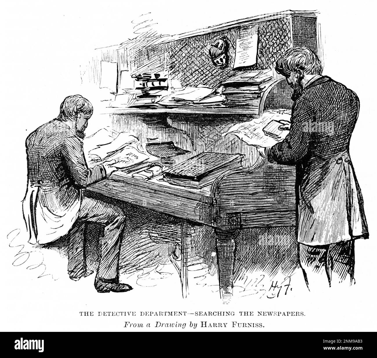 Incisione di detective alla ricerca di lead sui giornali, Inghilterra, circa 1880 Foto Stock