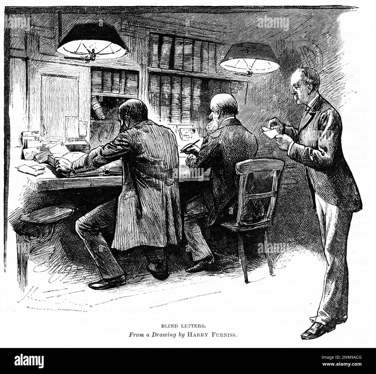 Incisione di lavoratori postali che smistano lettere cieche presso l'ufficio postale, Inghilterra, circa 1880 Foto Stock
