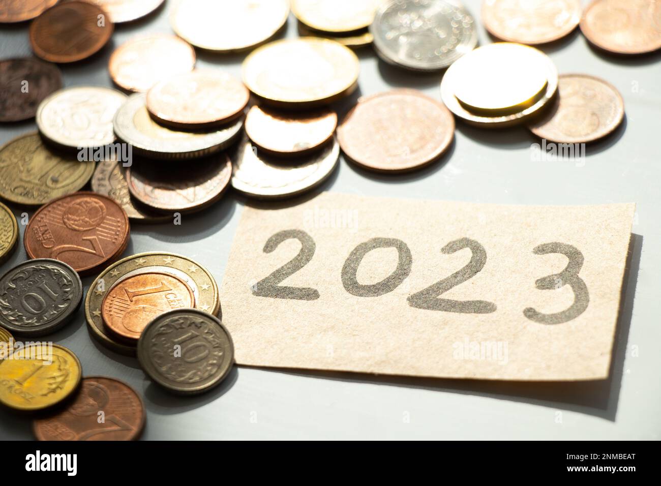 Monete e una carta con il testo 2023, finanza e business online su sfondo bianco Foto Stock