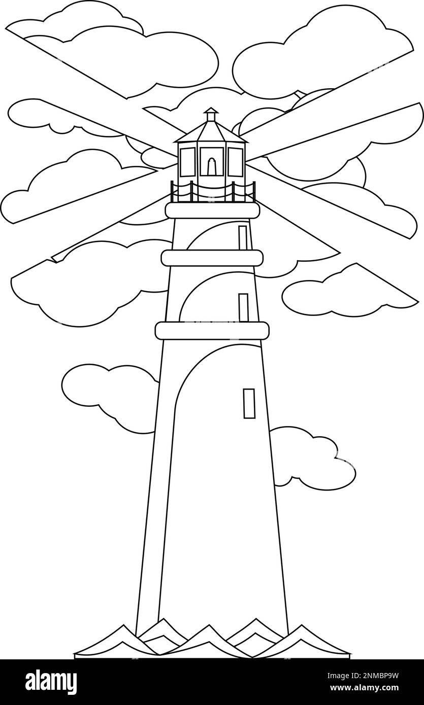 faro splende attraverso le nuvole, bianco e nero vettore illustrazione. Libro da colorare, silhouette di un edificio tra le onde del mare Illustrazione Vettoriale