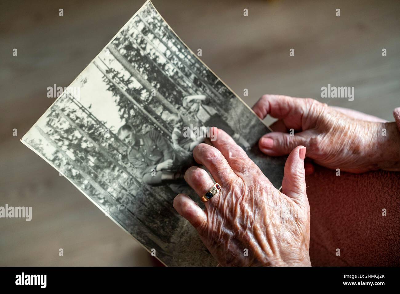 Mani di un anziano, tenendo una vecchia foto, ricordi, alta Baviera, Baviera, Germania Foto Stock