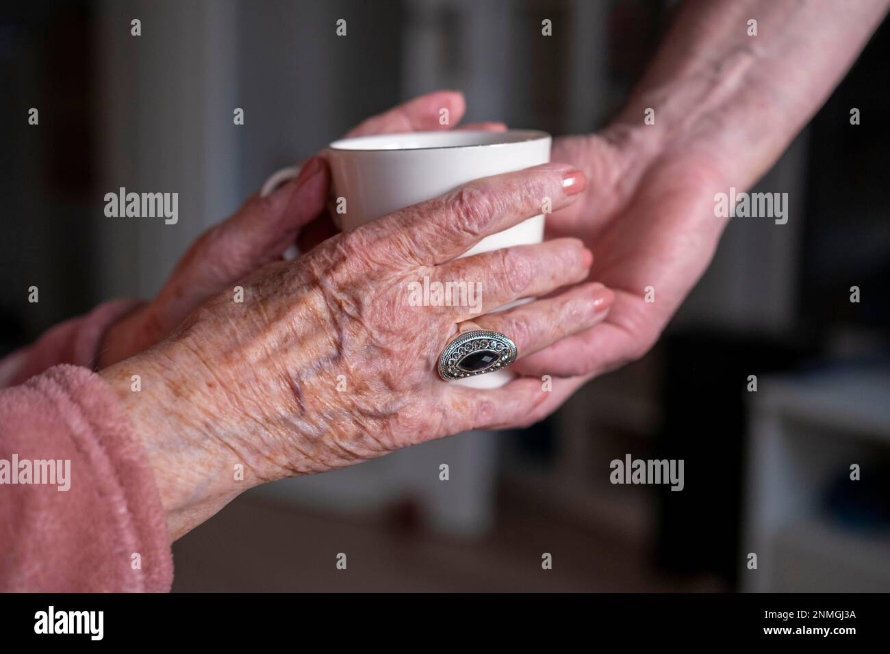 Mani di un anziano, aiuto, cura, consegna di una tazza di tè, alta Baviera, Baviera, Germania Foto Stock