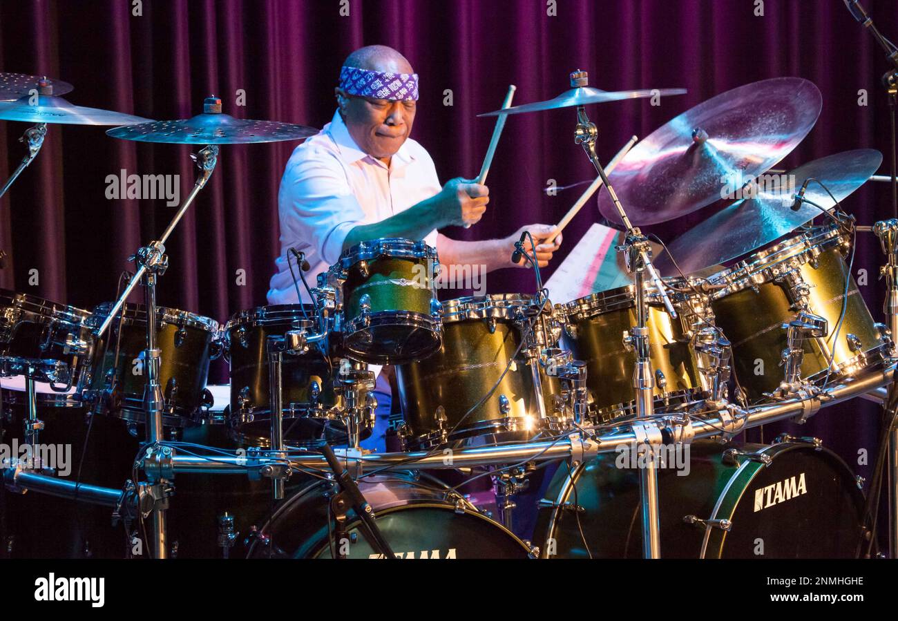 Billy Cobham in batteria ad un concerto alla Scala, Ludwigsburg, Baden-Wuerttemberg Foto Stock