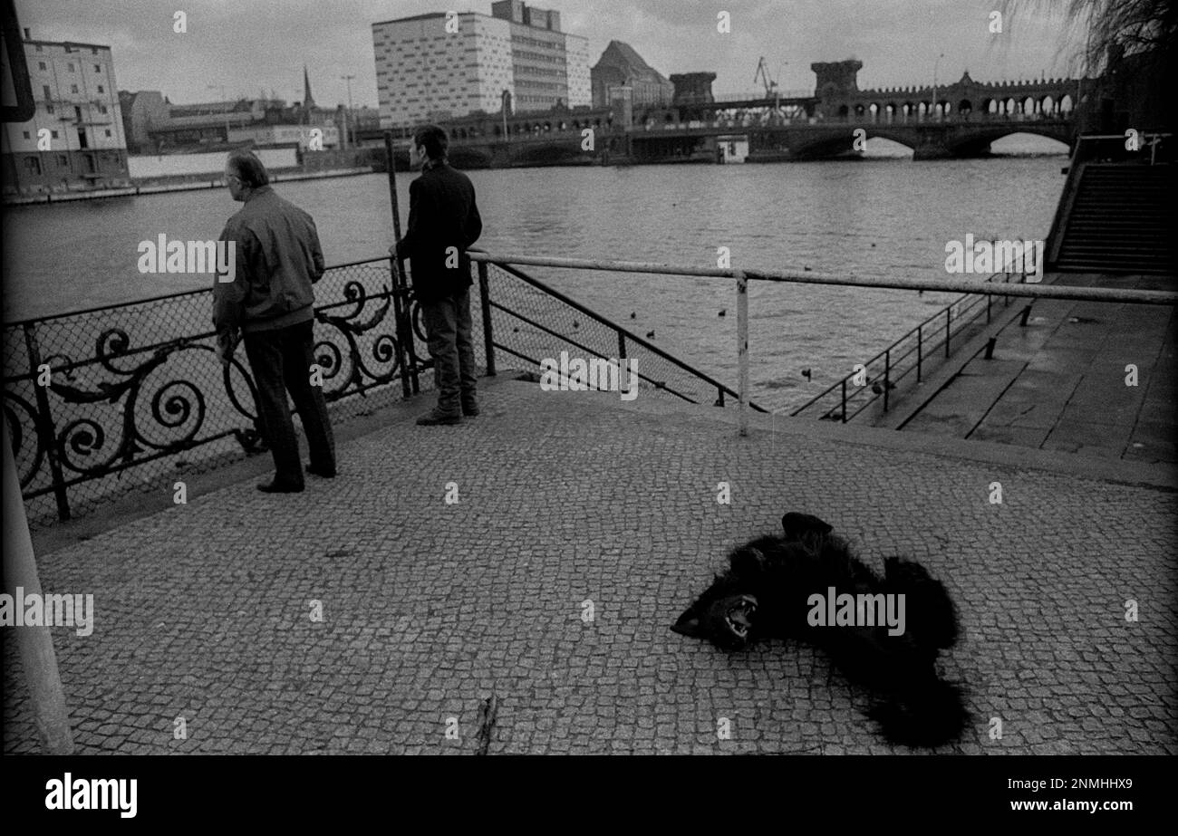 GDR, Berlino, 04.02.1990, a Paul-Groeben-Ufer, Spree, Vista sul ponte di Oberbaum, cane da rotolamento Foto Stock