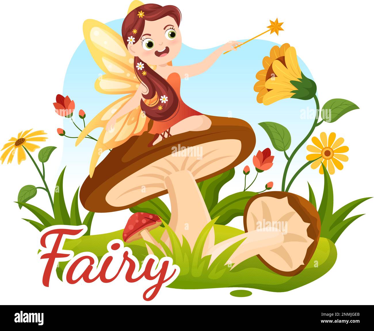 Bella Flying Fairy Illustration con Elf, Landscape Tree e Green Grass in Cartoon piano disegnato a mano per banner Web o modelli di landing page Illustrazione Vettoriale