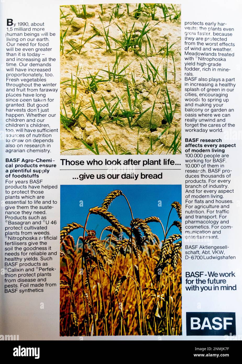 BASF Synthetics spot in una rivista NatGeo, ottobre 1974. Prodotti agrochimici BASF: Basagran, U46; Nitroposhka; Calixin; Perfekthion Foto Stock