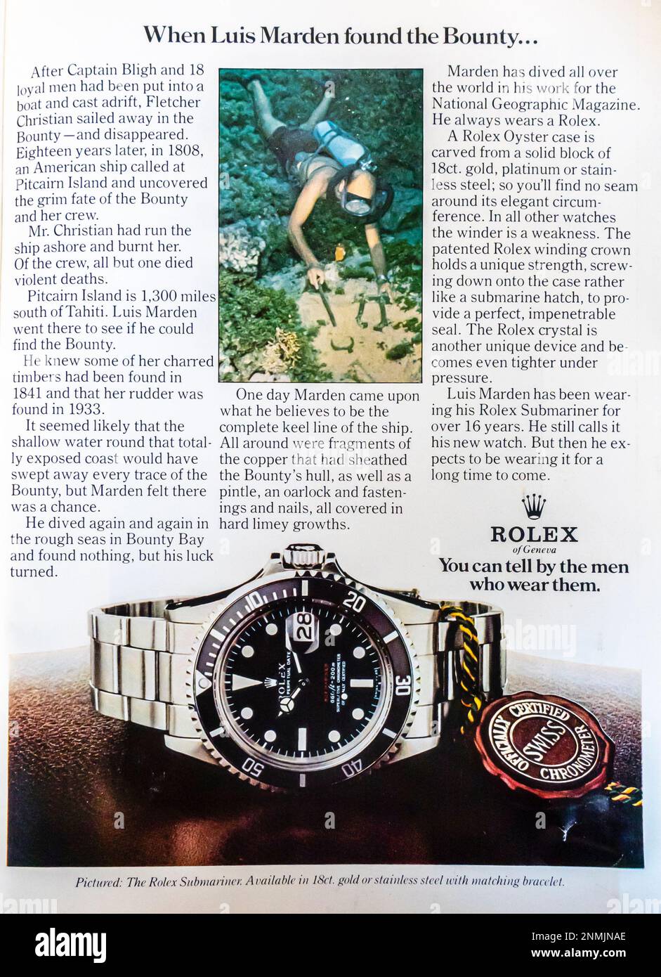 Spot pubblicitario Rolex Submariner in una rivista, ottobre 1974 Foto Stock