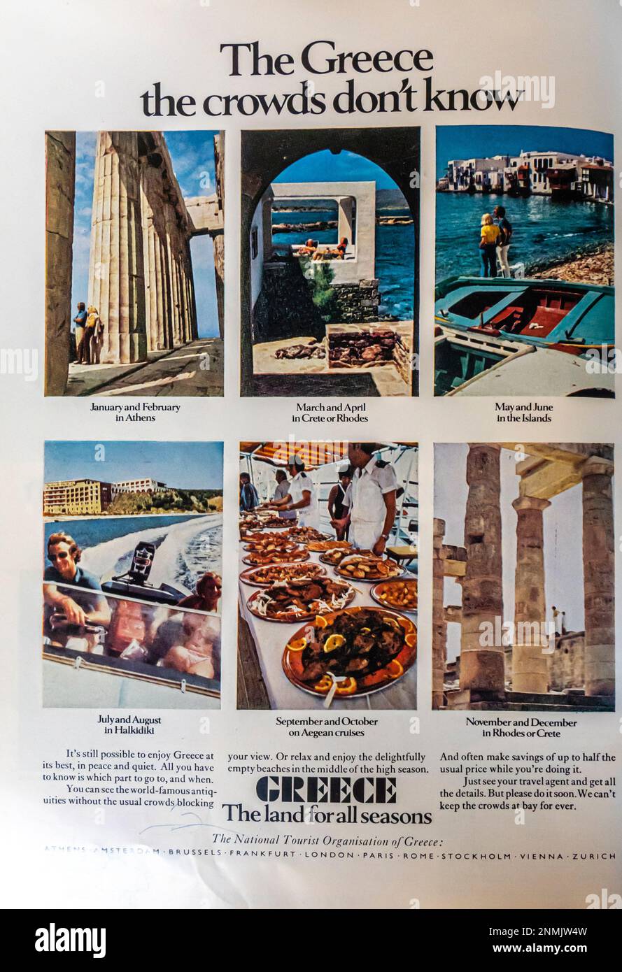 Pubblicità di viaggio in Grecia in una rivista NatGeo, settembre 1974. Organizzazione turistica della Grecia pubblicità Foto Stock