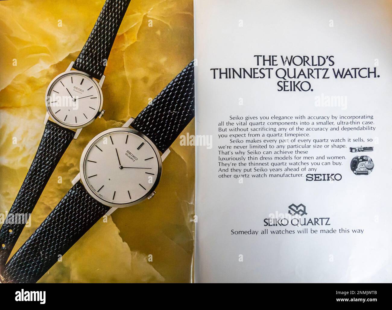 1975 Seiko guarda la pubblicità stampata. La campagna di orologi al quarzo più sottile del mondo Seiko. Foto Stock