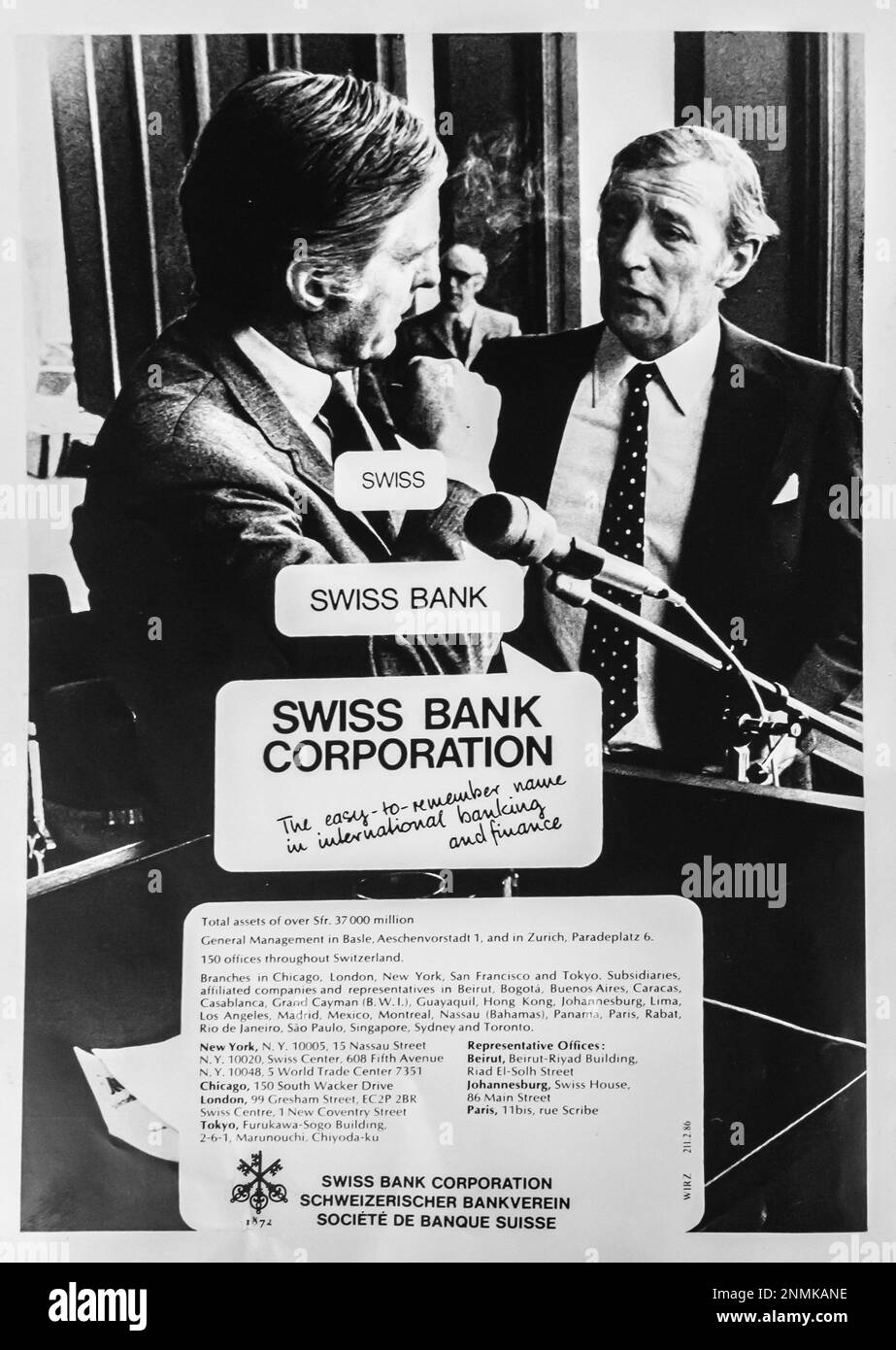 Pubblicità di una banca svizzera su una rivista NatGeo, luglio 1974, Foto Stock