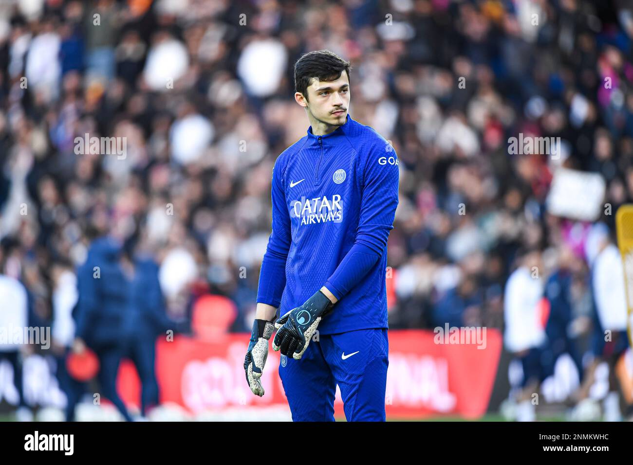 Lucas Lavallee, portiere, durante la formazione pubblica della squadra di calcio Paris Saint-Germain (PSG) il 24 febbraio 2023 allo stadio Parc des Princes di Parigi, Francia. Foto di Victor Joly/ABACAPRESS.COM Foto Stock