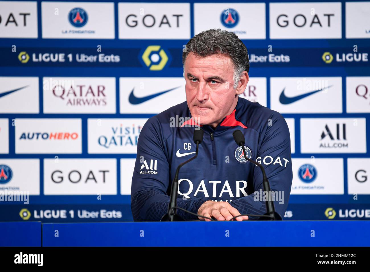 Christophe Galtier allenatore capo PSG durante una conferenza stampa dopo  la formazione pubblica della squadra di calcio Paris Saint-Germain il 24  febbraio 2023 allo stadio Parc des Princes di Parigi, Francia. Foto