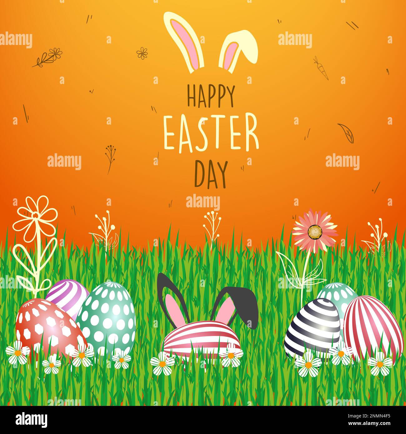 Felice sfondo di vacanza di pasqua con colorate uova dipinte su erba verde illustrazione Illustrazione Vettoriale