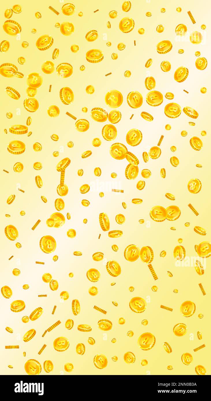 Bitcoin monete in calo. Criptocurrency monete d'oro sparse BTC. Valuta Internet. Concetto di crisi finanziaria globale. Illustrazione vettoriale. Illustrazione Vettoriale