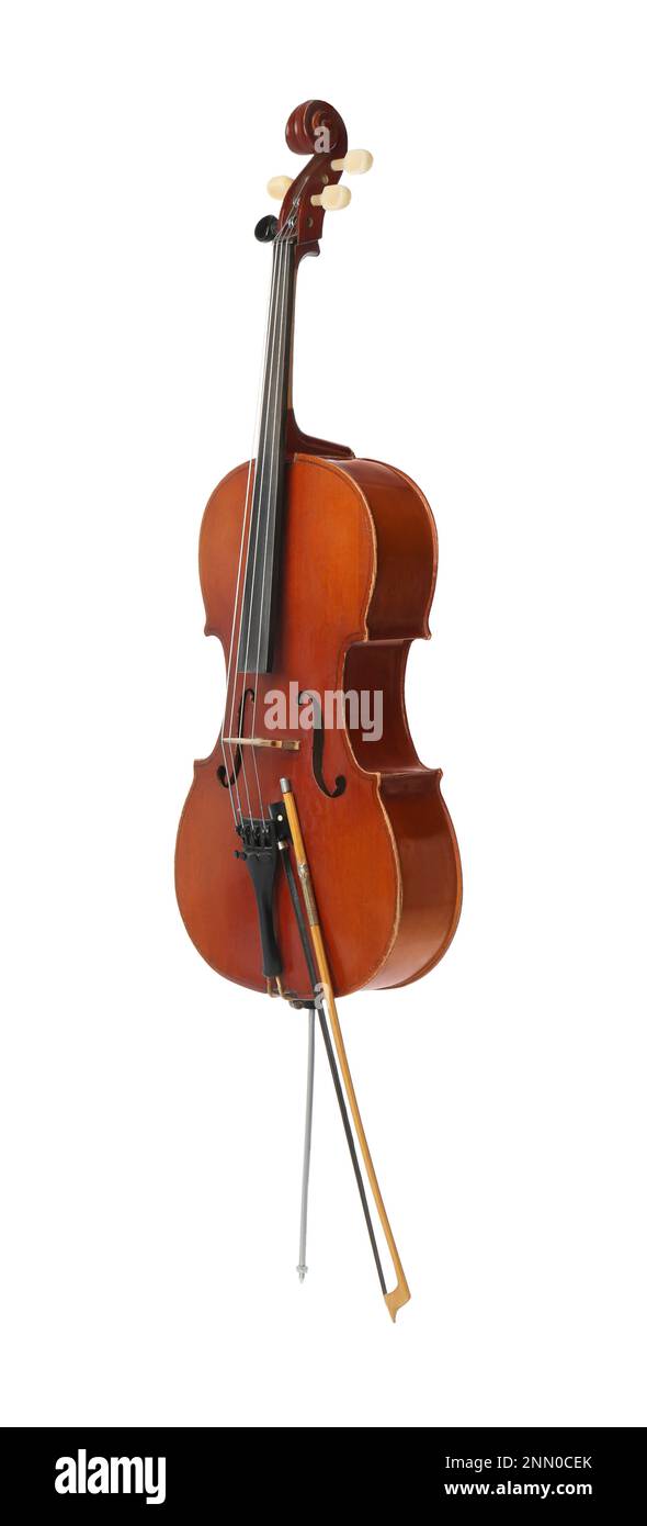Bellissimo violoncello con arco su sfondo bianco. Strumento musicale classico Foto Stock