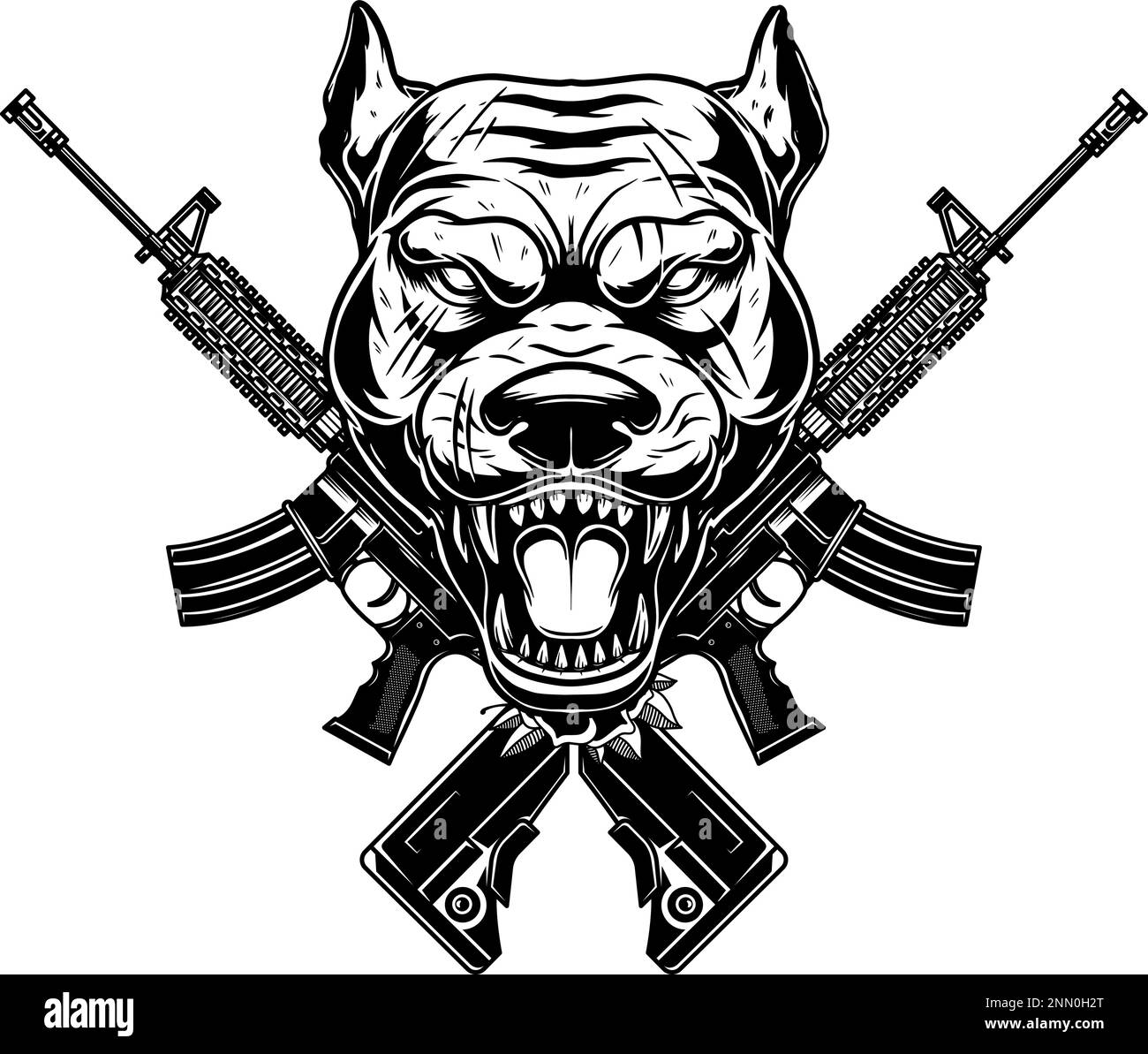 Testa di cane arrabbiata con fucili d'assalto incrociati. Elemento di design per poster, emblema, cartello. Illustrazione vettoriale Illustrazione Vettoriale
