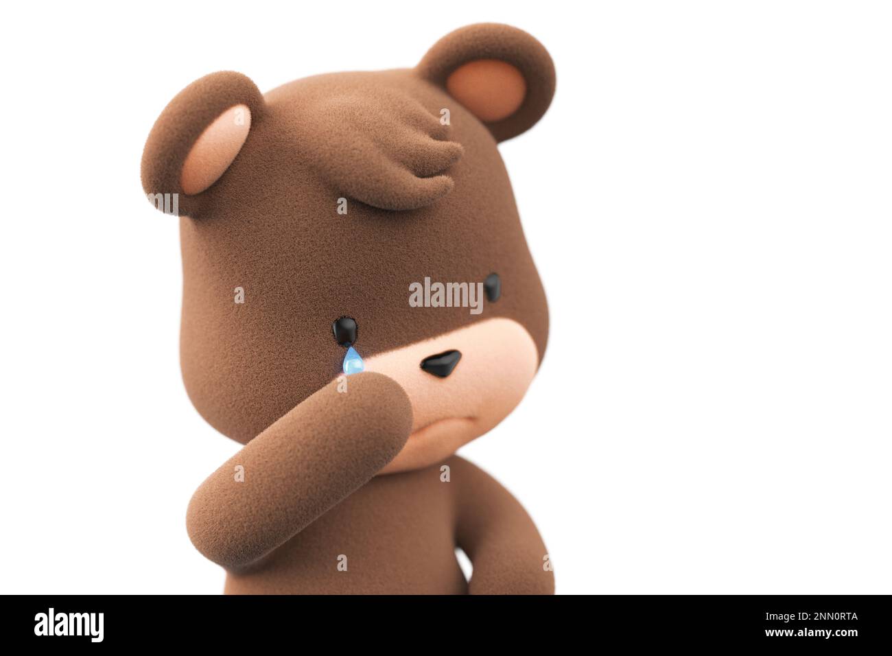 Orsetto di peluche triste e piangente. Orsacchiotto con lacrimazione isolato su sfondo bianco 3D Render. Foto Stock